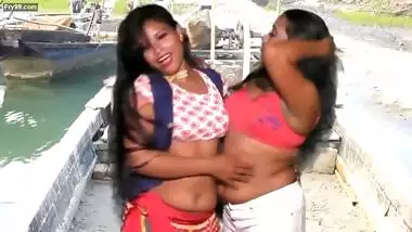 Booby lesbian navel kiss boob press groping song in boat