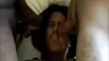 Hot brunette takes their cum on her face