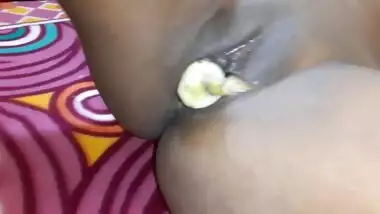 lonely horny girl put a banana inside her pussy