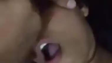 Sexy bitch eating cum from dick of her BF