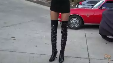 Vintage Car Babe Wearing Sexy Long Leather Boots