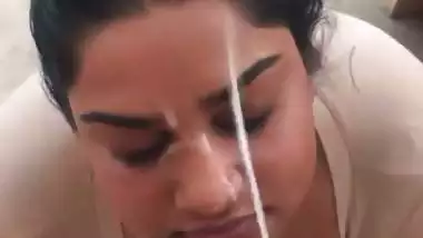 Big boob babe takes thick Indian cum in mouth