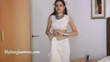 Indian Beautiful Teen Babe Jasmine Striptease and Fingering In White Desi Sari - Full Hindi