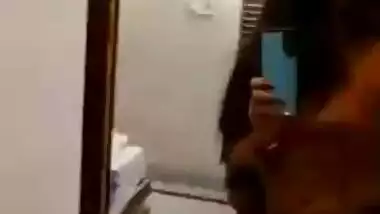 Lover in hotel mirror,boobs play and pussy fingering