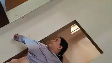 Chubby wife wearing dress after nude bath caught