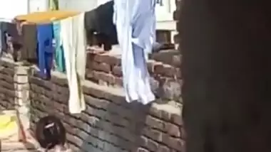 Aunty Bathing Topless in Terrace..