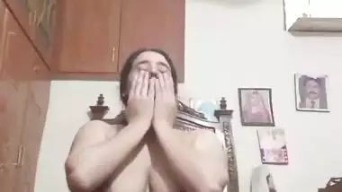 Long hair wife shows naked body curves in shyness