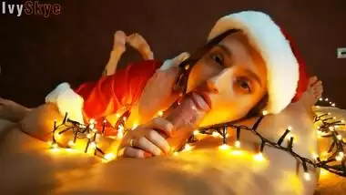 Christmas sexy santa gives a present: blowjob, footjob and cum on face