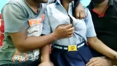A big boob schoolgirl gets fucked by two perverts