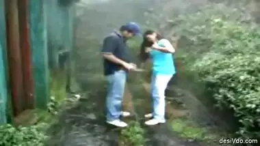 Mangalore horny couple stand fuck doggy and cum in Windy rainy forest