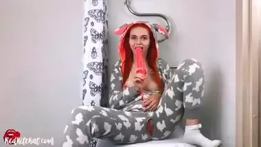 Cute Redhead Masturbate Pussy Dildo and Orgasm in Kigurumi