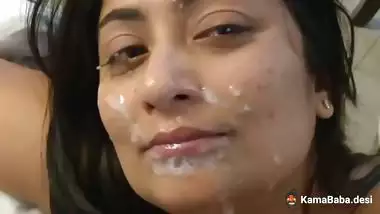 Horny slut gets facialized with her lover’s cumload