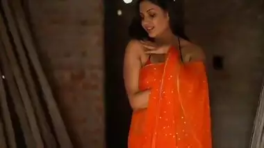 Desi Tits In Orange Saree And Bikini Blouse