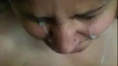 Wife gives handjob takes cum on face