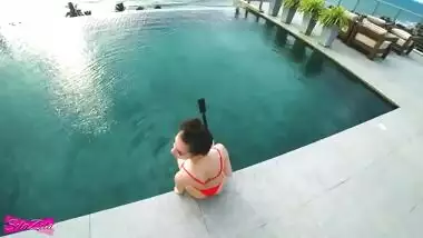 Accidentally cum in her pussy near the rooftop pool - SolaZola