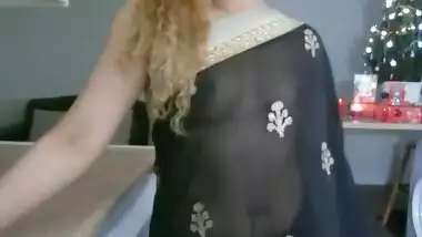 Sexy Bhabhi in See through Black Saree without blouse Exposing Boobs