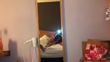 Long-haired Indian gal polishes lover's XXX dick in front of mirror